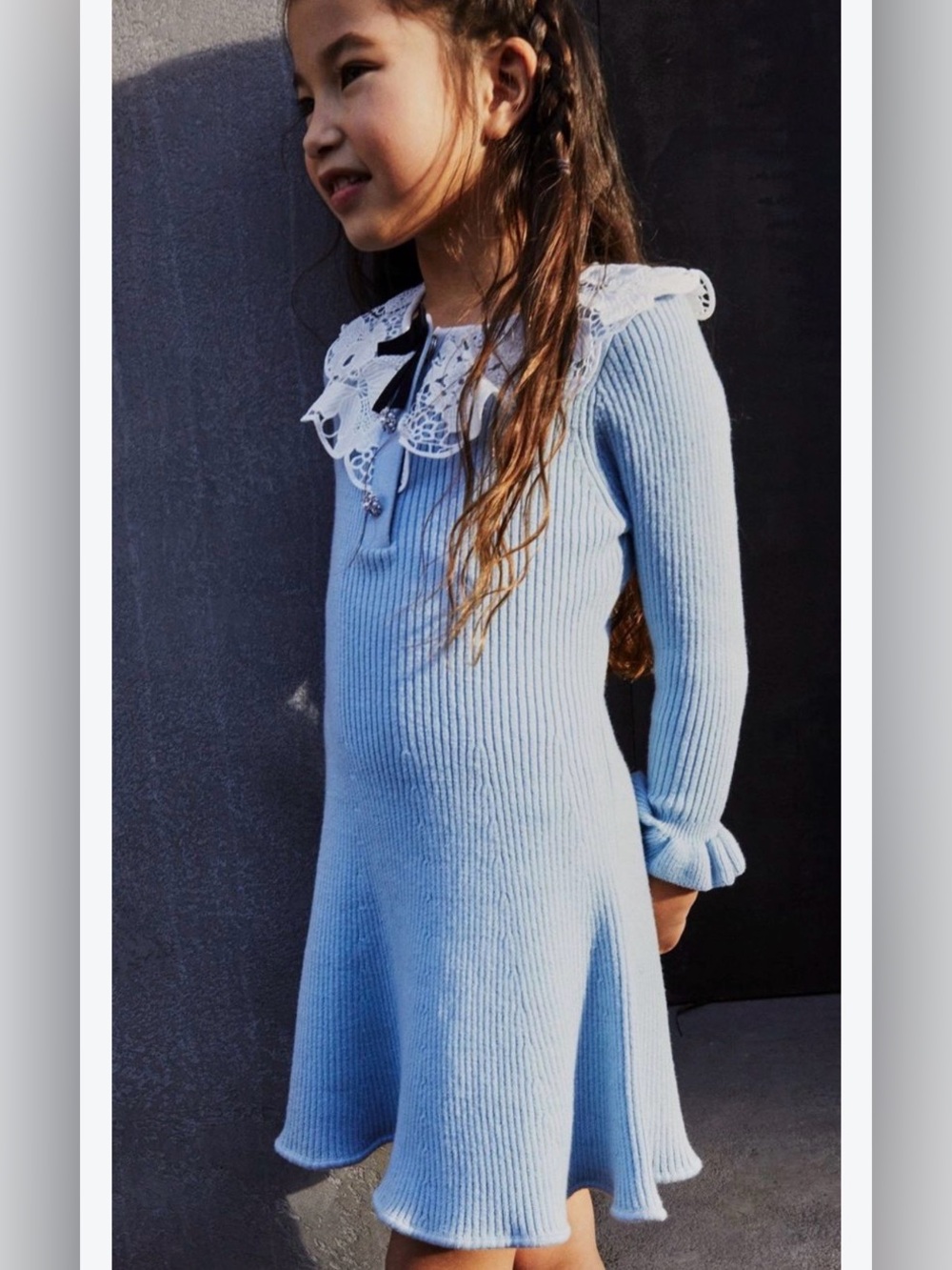 Self-Portrait Kids light blue ribbed knit dress w/ White Lace Collar & Black Bow